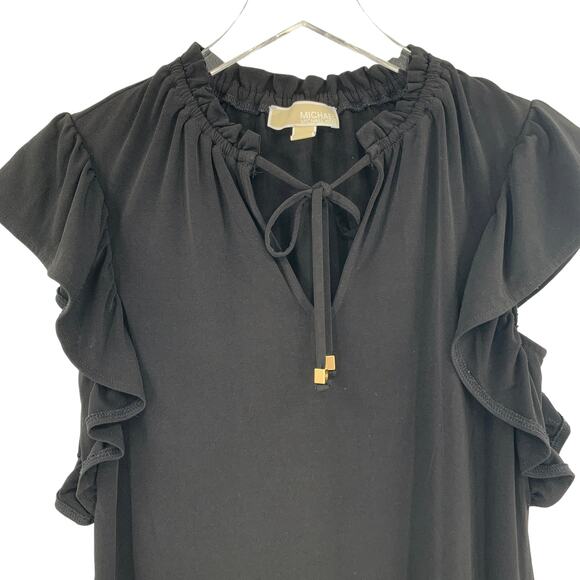 2/$30 MICHAEL Michael Kors Black Dress Size XS Ruffle Gold Accents Tie Neck - Picture 4 of 6